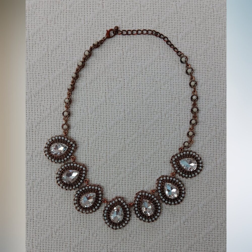 David's Bridal Baroque Teardop Crystal and Pearl Fashion Necklace Brass